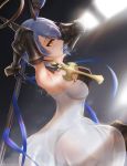  1girl armpits ass azur_lane bangs bare_shoulders blue_hair bob_cut boots breasts choker cross cross_(weapon) dress erect_nipples fleur_de_lis floating_headgear gascogne_(azur_lane) gauntlets hair_between_eyes headgear highres hip_focus knee_boots looking_at_viewer multicolored_hair see-through short_hair skyde_kei solo strapless strapless_dress sweat weapon white_dress yellow_eyes 