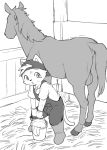  2019 anthro balls butt clothed clothing cub domestic_cat duo equid equine felid feline felis feral horse male mammal manmosu_marimo monochrome young 