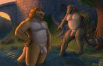  anthro balls castle casual_nudity crocodilian dragon facial_hair flaccid foreskin hair half-erect humanoid_penis lizard male musclegut mustache noodlewd nude outside pecs penis pool_(disambiguation) reptile scalie skinny_dipping slightly_chubby sunset uncut water 