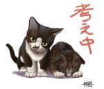  2019 ambiguous_gender black_fur black_pupils brown_fur cub domestic_cat ear_tuft eyes_closed felid feline felis feral fur japanese_text looking_at_viewer mammal pink_nose simple_background taku text translation_request tuft whiskers white_background white_fur yellow_eyes young 