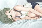  1girl black_shorts breasts brown_hair easy_(aqk7bdqt) feet_out_of_frame green_eyes looking_at_viewer lying monogatari_(series) oikura_sodachi on_bed on_side pillow short_hair shorts small_breasts smile solo zokuowarimonogatari 