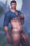  1boy abs bottomless brown_hair drawnpr0n large_penis male_focus nathan_drake nipples outdoors pecs penis pubic_hair shirt_lift solo testicles uncharted undressing 