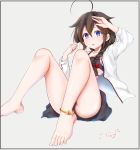  1girl :o ahoge anklet arm_up baileys_(tranquillity650) bangs bare_legs barefoot black_bra black_skirt blue_eyes blush bow bra braid breasts brown_hair casual eyebrows_visible_through_hair gold grey_background hair_between_eyes hair_bow hair_flaps hair_ornament hair_over_shoulder highres jewelry kantai_collection long_hair long_sleeves looking_at_viewer open_clothes open_shirt reclining red_bow remodel_(kantai_collection) shigure_(kantai_collection) shirt sidelocks signature simple_background single_braid sitting skirt solo underwear white_shirt 