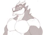  anthro biceps chibs_arts clothed clothing digital_media_(artwork) dragon horn looking_at_viewer male monochrome muscular muscular_male pecs reptile scalie sharp_teeth simple_background sketch slit_pupils smile solo teeth topless 