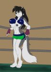  4_fingers 4_toes anthro areola barefoot black_hair black_nose bottomwear boxing boxing_gloves brown_eyes canid canine canis cheek_tuft chest_tuft claws clothed clothing eyebrows eyelashes female fighting_ring finger_claws fur grey_areola grey_fur grey_nipples grey_tail hair hand_wraps hi_res inner_ear_fluff keeva_(kevgonzalez95) mammal navel nipples shorts signature smile smirk solo sport toe_claws toes topless tuft wendel_fragoso wolf wraps 