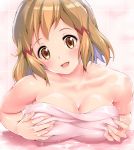  1girl amasora_taichi bare_shoulders blush breast_grab breast_rest breasts cleavage collarbone commentary_request grabbing hair_ornament highres large_breasts light_brown_hair looking_down nail naked_towel orange_eyes pink_lips senki_zesshou_symphogear shiny shiny_hair shiny_skin short_hair tachibana_hibiki_(symphogear) tile_wall tiles towel upper_body water wet wet_hair wet_towel 