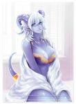  absurd_res blizzard_entertainment blue_eyes bra breasts cleavage clothed clothing draenei eyelashes female front_view hair hi_res horn humanoid menhou not_furry pointy_ears portrait purple_clothing purple_lips purple_skin sitting solo tail_ring three-quarter_portrait underwear video_games warcraft white_hair window yrel 