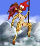  absurd_res anthro bikini breasts celine_louison clothing duplicitousmachine female flag giraffe giraffid hair hi_res hippik mammal melee_weapon swimwear sword weapon 