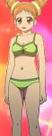  2015 :d aikatsu! arisugawa_otome bare_legs bikini collarbone green_bikini green_swimsuit hair_ornament iguana_bikini legs open_mouth orange_eyes raised_eyebrows short_hair solo swimsuit two_side_up 