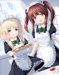  2girls :d alternate_costume apron black_dress blonde_hair blue_sky blush bow breasts brown_eyes brown_hair cloud collared_dress commentary_request cookie cup curtains day dress dutch_angle enmaided food frilled_apron frills garter_straps green_bow green_eyes hair_ornament hair_over_shoulder highres holding holding_tray idolmaster idolmaster_cinderella_girls indoors long_hair looking_at_viewer low_twintails maid maid_apron maid_headdress multiple_girls ogata_chieri open_mouth puffy_short_sleeves puffy_sleeves saucer short_sleeves sky small_breasts smile tea teacup thighhighs transparent tray twintails u2_(5798239) white_apron white_legwear window yusa_kozue 