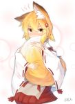  1girl animal_ear_fluff animal_ears bangs blonde_hair blush brown_background brown_eyes commentary_request coreytaiyo covered_mouth dated eyebrows_visible_through_hair flower fox_ears fox_girl fox_tail hair_between_eyes hair_flower hair_ornament hakama highres japanese_clothes kimono long_hair long_sleeves looking_at_viewer miko nose_blush red_flower red_hakama ribbon-trimmed_sleeves ribbon_trim seiza senko_(sewayaki_kitsune_no_senko-san) sewayaki_kitsune_no_senko-san signature sitting solo tail tail_hug white_kimono wide_sleeves 