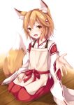  1girl :d animal_ear_fluff animal_ears apron bangs blush brown_apron brown_eyes brown_hair commentary_request eyebrows_visible_through_hair fang flower fox_ears fox_girl fox_tail hair_between_eyes hair_flower hair_ornament hakama highres japanese_clothes kashiwagi_yamine kimono long_hair long_sleeves looking_at_viewer open_mouth red_flower red_hakama revision ribbon-trimmed_sleeves ribbon_trim seiza senko_(sewayaki_kitsune_no_senko-san) sewayaki_kitsune_no_senko-san sitting sleeves_past_wrists smile solo tail white_kimono wide_sleeves wooden_floor 