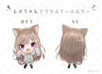  1girl :d animal_ears bangs black_legwear black_shorts blush brown_hair cat_ears cat_girl cat_tail chibi commentary_request drawstring eyebrows_visible_through_hair fang grey_hoodie hair_between_eyes hood hood_down hoodie long_hair long_sleeves mafuyu_(chibi21) multiple_views no_shoes open_mouth original outstretched_arms polka_dot polka_dot_background purple_eyes purple_hair short_shorts shorts sleeves_past_fingers sleeves_past_wrists smile tail thighhighs translation_request twitter_username very_long_hair white_background 