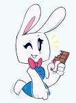  2019 4_fingers anthro beady_eyes bow_tie bust_portrait chocolate_bar clothing dress eating eyelashes female food fur holding_object lagomorph laura_(meirdent) leporid long_ears looking_at_viewer mammal meirdent one_eye_closed portrait rabbit short_dress smile solo tailwag white_fur white_pupils wink 