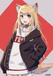  1girl :d ahoge animal_ear_fluff animal_ears bangs black_jacket blonde_hair commentary_request dog_ears dog_girl dog_tail drawstring eyebrows_visible_through_hair fang grey_background hand_in_pocket highres hood hood_down hoodie jacket kmnz long_hair long_sleeves looking_at_viewer mc_lita nayuhi_(yukimuu14) open_clothes open_jacket open_mouth puffy_long_sleeves puffy_sleeves purple_eyes red_background signature sleeves_past_wrists smile solo tail two-tone_background very_long_hair virtual_youtuber white_hoodie 