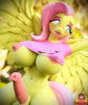  2019 3d_(artwork) animal_genitalia animal_penis anthro areola breasts clothing crossgender cutie_mark dickgirl digital_media_(artwork) english_text equid equine equine_penis erection eyelashes eyeshadow feathered_wings feathers fluttershy_(mlp) forsaken_(artist) friendship_is_magic hair hi_res intersex makeup mammal my_little_pony navel nipples penis pterippus solo text wings 