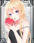  1girl absurdres animal apple bang_dream! bangs bare_arms bare_shoulders black_dress black_nails blonde_hair blush breasts bug butterfly collarbone commentary_request dress eyebrows_visible_through_hair fingernails food fruit hair_between_eyes hands_up head_tilt highres holding holding_food holding_fruit insect long_hair miyo_(user_zdsp7735) nail_polish open_mouth purple_eyes red_apple shirasagi_chisato sleeveless sleeveless_dress small_breasts solo strap_slip upper_teeth 