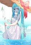  1girl bangs bare_arms bare_shoulders blue_eyes blue_hair blue_sky blush bow breasts cleavage cloud day dress eyebrows_visible_through_hair flower hair_between_eyes hat hat_bow hat_flower hatsune_miku long_hair medium_breasts open_mouth outdoors red_bow round_teeth skirt_hold sky solo strapless strapless_dress straw_hat teeth twintails upper_teeth very_long_hair vocaloid w.k wading water white_dress white_flower 