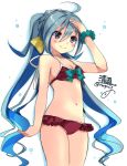  1girl alternate_costume bikini blue_hair blush breasts closed_mouth eyebrows_visible_through_hair gouda_nagi gradient gradient_background grey_eyes grey_hair hair_between_eyes hair_bun highres kantai_collection kiyoshimo_(kantai_collection) long_hair low_twintails multicolored_hair navel small_breasts smile solo swimsuit twintails very_long_hair 