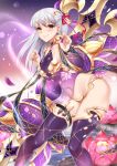  1girl armor bangs bikini_armor blush breasts closed_mouth collarbone covered_navel detached_sleeves dress earrings fate/grand_order fate_(series) flower hair_ribbon halterneck handesu jewelry kama_(fate/grand_order) long_hair looking_at_viewer lotus medium_breasts pink_ribbon purple_dress purple_legwear purple_sleeves red_eyes ribbon ring silver_hair smile solo thigh_strap thighlet thighs vajra_(object) 