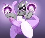  3_fingers anthro armor balls big_balls big_penis bottomless clothed clothing erection faceless_male fur gradient_background grey_background hi_res humanoid_penis impish_desires legendary_pok&eacute;mon long_tail male mewtwo nintendo not_safe_for_reality penis pok&eacute;mon pok&eacute;mon_(species) purple_balls purple_fur purple_penis shadow_ball simple_background solo standing thick_thighs video_games white_fur 