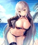  1girl ahoge bangs beach bikini bird black_bikini black_jacket blue_sky blush breasts choker cleavage cloud day eyebrows_visible_through_hair fate/grand_order fate_(series) gloves groin hair_between_eyes hinaki_(hinaki_0102) jacket jeanne_d&#039;arc_(alter_swimsuit_berserker) jeanne_d&#039;arc_(fate)_(all) large_breasts long_hair looking_at_viewer navel o-ring o-ring_bikini ocean outdoors sand seagull shrug_(clothing) silver_hair sky solo stomach swimsuit thighs very_long_hair yellow_eyes 