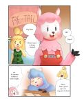  2017 absurd_res alpaca animal_crossing anthro blush breasts camelid canid canine canis clothed clothing comic cyrus_(animal_crossing) dialogue domestic_dog female fur hair hi_res isabelle_(animal_crossing) krayboost male mammal nintendo reese_(animal_crossing) shih_tzu text toy_dog video_games yellow_fur 