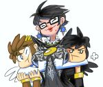  1girl 2boys affection angel angel_wings arms_around_neck bayonetta bayonetta_(character) beauty_mark big_breasts black_eyes black_hair blue_eyes breasts brown_hair cheek_bulge dark_pit earrings eyes_closed female gauntlets glasses gloves hair hands_on_arms hugging kid_icarus kid_icarus_uprising lips lipstick male minus8 mole mole_under_eye nintendo pit_(kid_icarus) platinum_games sega size_difference smile super_smash_bros. uncomfortable unimpressed wings 