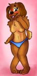  absurd_res anthro blush breasts canid canine clothed clothing female fur hi_res looking_at_viewer mammal nipples simple_background smile solo thebunwiththescarf topless underwear 