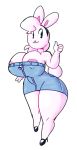  2019 anthro areola big_breasts blue_eyes breasts cleavage clothed clothing denim dress female footwear fur gesture hair headband high_heels huge_breasts lagomorph leporid mammal meirdent nipple_outline nipple_slip rabbit shoes short_dress smile solo standing thick_thighs thumbs_up tight_clothing white_fur wide_hips zipper 
