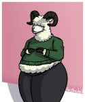 2019 aliasing belly big_belly bovid caprine clothing hair_over_eyes hand_on_stomach horn male mammal overweight sephaloid sheep solo sweater thick_thighs topwear 