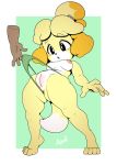  2018 animal_crossing anthro argento black_eyes blonde_hair blush blush_stickers breasts canid canine canis cleft_of_venus clothing dipstick_tail disembodied_hand domestic_dog female hair hi_res isabelle_(animal_crossing) mammal multicolored_tail nintendo nipples panties pussy shih_tzu solo_focus toy_dog underwear video_games 