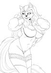  2019 anthro big_breasts black_and_white breasts bucky_o&#039;hare_(series) cheek_tuft clothed clothing digital_media_(artwork) domestic_cat eyebrows felid feline felis female g-string hair hi_res huge_breasts jenny_(bucky_o&#039;hare) long_hair long_tail mammal monochrome navel portrait simple_background smile solo standing three-quarter_portrait tuft underwear white_background yawg 