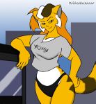  arm_support biped breasts building city cjshadorunner clothed clothing felid female half-closed_eyes humanoid_face macro mammal midriff pantherine panties shirt smile solo text tiger topwear underwear watermark 