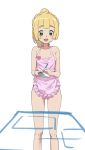  1girl apron blonde_hair creatures_(company) eyebrows_visible_through_hair game_freak green_eyes lillie_(pokemon) long_hair looking_down naked_apron nintendo ontaros open_mouth pokemon pokemon_(game) pokemon_sm shiny shiny_hair smile solo standing very_long_hair 