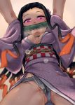  1girl 4shi bamboo blurry breasts commentary_request depth_of_field hair_ribbon heart heart-shaped_pupils highres japanese_clothes kamado_nezuko kimetsu_no_yaiba kimono long_hair looking_down medium_breasts mouth_hold multicolored_hair obijime panties pink_background pink_eyes pink_ribbon purple_kimono pussy_juice ribbon saliva sash simple_background solo standing sweat sweatdrop symbol-shaped_pupils tears underwear wide_sleeves 