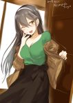  1girl ;d black_hair blush breasts brown_eyes brown_jacket brown_skirt cleavage collarbone commentary_request cosplay cowboy_shot dated green_shirt hair_between_eyes hair_ornament hairband hairclip haruna_(kantai_collection) jacket kantai_collection kirishima_(kantai_collection) kirishima_(kantai_collection)_(cosplay) kyougoku_touya large_breasts long_hair looking_at_viewer one_eye_closed open_mouth shirt skirt smile solo twitter_username white_hairband 