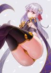  1girl ass bangs breasts closed_mouth detached_sleeves earrings fate/grand_order fate_(series) gatling033 grey_background hair_ribbon highres jewelry kama_(fate/grand_order) large_breasts long_hair looking_at_viewer petals purple_legwear red_eyes ribbon sash silver_hair simple_background solo thighs 