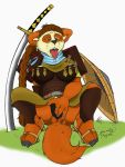  2018 ailurid armor big_breasts bleeding_dragon blizzard_entertainment breasts brown_hair digital_media_(artwork) drooling female fingering freckles hair hi_res mammal masturbation nipples pandaren pussy red_panda red_pandaren saliva samurai sitting solo spread_legs spreading ursid video_games warcraft warrior 