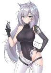  1girl animal_ears aqua_eyes armpit_peek bare_shoulders black_gloves black_leotard braid breasts closed_mouth collarbone covered_navel cowboy_shot dated expressionless floating_hair french_braid girls_frontline gloves gluteal_fold hand_up holding ksvk_(girls_frontline) large_breasts leotard long_hair looking_at_viewer mechanical_arm mole mole_on_crotch pants ribbed_leotard signature silver_hair simple_background solo standing thigh_strap thighs twitter_username unel very_long_hair white_background white_pants 