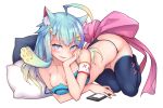 1girl ahoge animal_ear_fluff animal_ears bangs bare_arms bare_shoulders black_legwear black_panties blue_bra blue_eyes blue_hair blush bow bra breasts cat_ears cellphone character_request cleavage commentary_request copyright_request eyebrows_visible_through_hair hair_ornament large_bow long_hair looking_at_viewer medium_breasts panties phone pillow pink_bow simple_background smartphone smile solo star star_hair_ornament thighhighs underwear waero white_background 