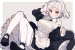  1girl :o apron black_footwear breasts character_request copyright_request gluteal_fold ikeuchi_tanuma large_breasts looking_at_viewer maid maid_apron maid_dress mary_janes pantyhose red_eyes shoes short_hair silver_hair simple_background solo white_legwear 
