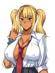  1girl bangs blonde_hair blunt_bangs breasts brown_eyes cleavage collared_shirt cowboy_shot dark_skin grey_skirt hair_ornament hairclip huge_breasts nosa open_clothes open_shirt original parted_lips red_neckwear shirt sidelocks skirt twintails white_background white_shirt 