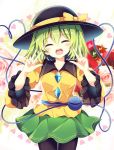  1girl :o ^_^ black_headwear black_legwear blush bow breasts closed_eyes commentary_request cowboy_shot double_w eyes_closed flower frilled_sleeves frills green_hair green_skirt hands_up hat hat_bow heart heart_of_string highres koishi_day komeiji_koishi long_sleeves looking_at_viewer maturiuta_sorato medium_breasts miniskirt open_mouth pantyhose pink_flower pink_rose red_flower red_rose rose shirt short_hair skirt solo standing third_eye touhou w white_background wide_sleeves yellow_bow yellow_shirt 