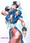  1girl absurdres blood bracelet breasts capcom chun-li double_bun highres huge_breasts jewelry solo spiked_bracelet spikes street_fighter torn_clothes yuri_ai 