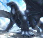  2019 belly black_scales blue_eyes claws dragon feral hi_res horn hornedfreak kael_artherion looking_at_viewer male membranous_wings muscular scales solo spade_tail thick_tail wings 