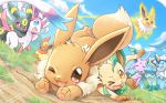  :d :o ;d blue_eyes blue_sky blush brown_eyes cloud creatures_(company) day dutch_angle eevee espeon flareon forehead_jewel game_freak gen_1_pokemon gen_2_pokemon gen_4_pokemon gen_6_pokemon glaceon grass jolteon leafeon looking_at_viewer motion_lines nintendo no_humans one_eye_closed open_mouth outdoors pokemon pokemon_(creature) red_eyes sky smile sweatdrop sylveon tripping umbreon vaporeon wataametulip 