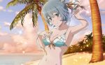  1girl bangs bare_shoulders barefoot bikini bikini_skirt blush breasts cleavage collarbone dungeon_ni_deai_wo_motomeru_no_wa_machigatteiru_darou_ka eyebrows_visible_through_hair feet full_body grey_hair hair_ornament hands_on_own_chest looking_at_viewer medium_breasts navel official_art open_mouth partially_submerged short_hair sitting smile solo sparkle swimsuit syr_flover water 