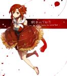  1girl bare_legs bunbun character_name choker closed_mouth dress full_body hair_ribbon hood hoodie izetta light_smile petals red_eyes red_hair ribbon sandals shawl short_dress short_hair shoulder_cutout shuumatsu_no_izetta simple_background solo tress_ribbon white_background 