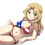  1girl american_flag_bikini arm_support bikini blonde_hair blue_eyes breasts commentary eyebrows_visible_through_hair flag_print girls_und_panzer grin hair_intakes kay_(girls_und_panzer) long_hair looking_at_viewer lying medium_breasts nanashino navel on_side shadow side-tie_bikini simple_background smile solo swimsuit thigh_gap white_background 